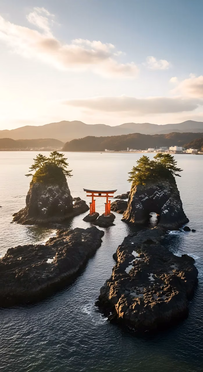 Meoto Iwa Wedded Rocks and Torii Gate at Sunrise - Free Mobile AMOLED Wallpaper Background