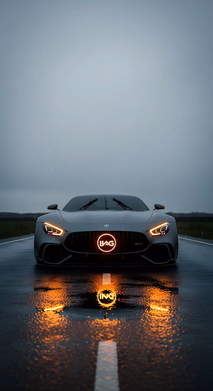 Mercedes AMG GT Sports Car Glowing Logo Rain Reflection - Free Mobile AMOLED Wallpaper Background