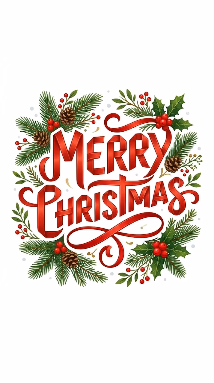 Download Merry Christmas Typography In Red Ribbon With Pine Sprigs Wallpaper in Mobile HD Merry Christmas Typography In Red Ribbon With Pine Sprigs - Free Mobile AMOLED Wallpaper Background