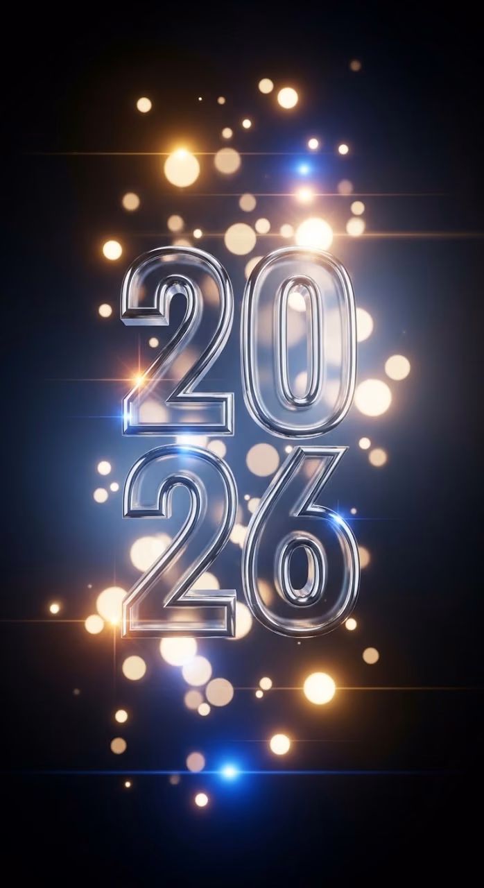Metallic and Glass 2026 Typography with Bokeh Lights on Blue - Free Mobile AMOLED Wallpaper Background