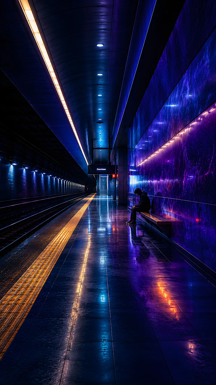 Download Subway Platform Neon Purple Metro 4K Wallpaper in Mobile HD A person seated on a bench in an underground metro station with purple marble walls and glowing ceiling lights.