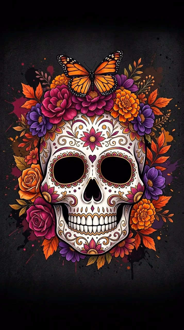 Mexican Sugar Skull Floral Day of the Dead Mobile Wallpaper - Free Mobile AMOLED Wallpaper Background
