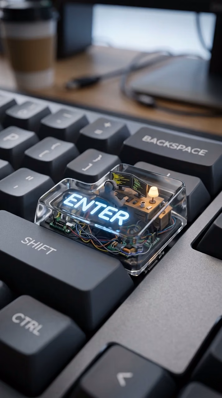Microscopic Diorama of a Coder Working Inside a Transparent Enter Key - Free Mobile AMOLED Wallpaper Background