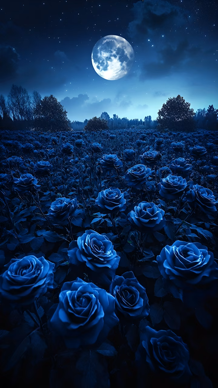 Download Midnight Blue Roses Field Under Bright Full Moon Sky Wallpaper in Mobile HD Midnight Blue Roses Field Under Bright Full Moon Sky - Free Mobile AMOLED Wallpaper Background