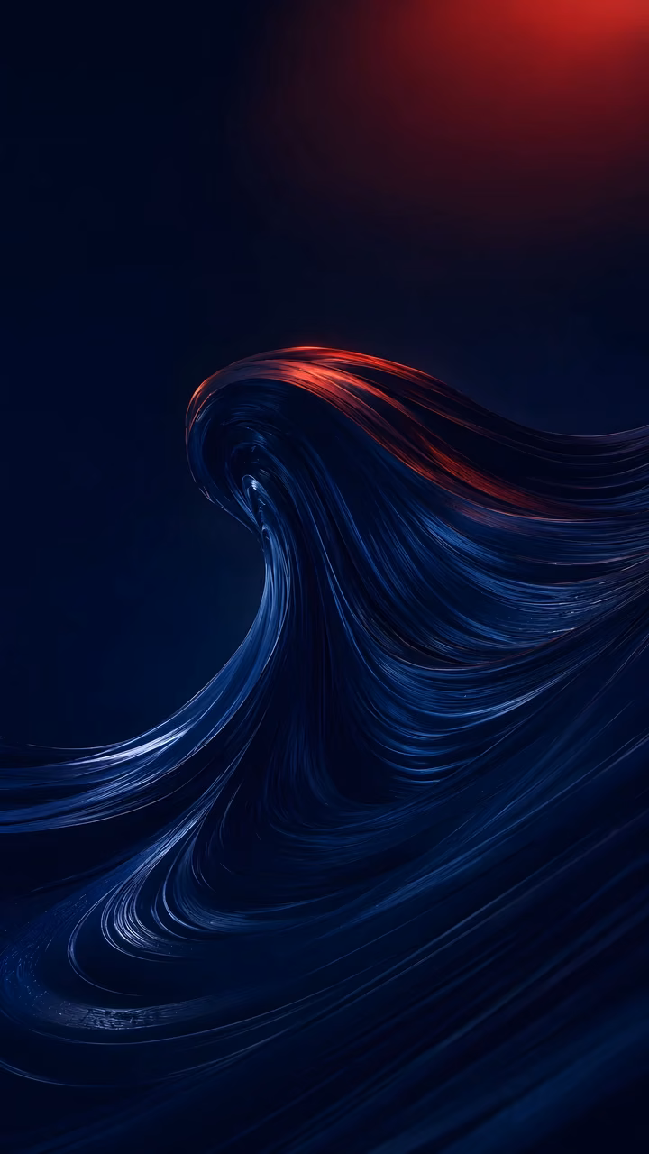 Smooth midnight blue wave curves beneath a restrained crimson glow on a dark background.