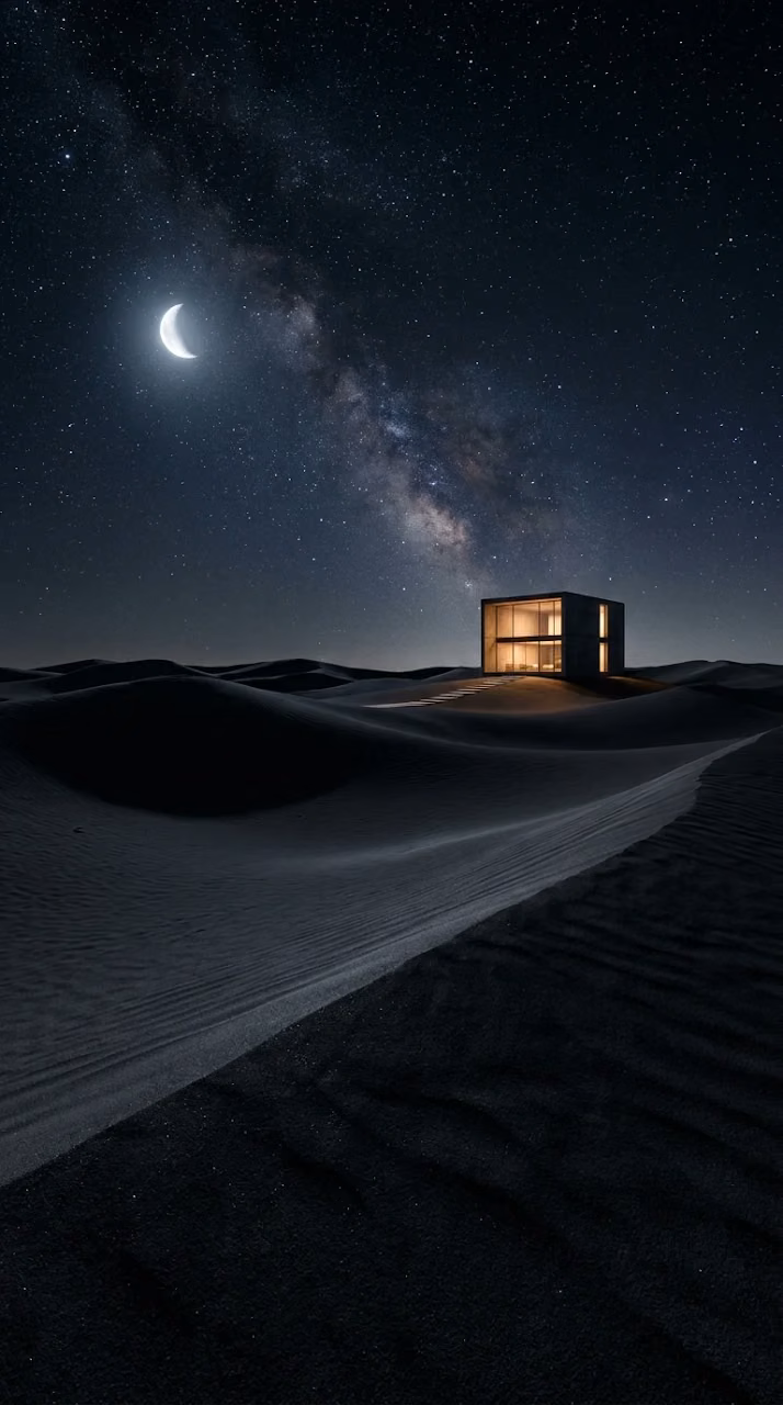 Midnight Desert Landscape with Modern Cube House Wallpaper - Free Mobile AMOLED Wallpaper Background