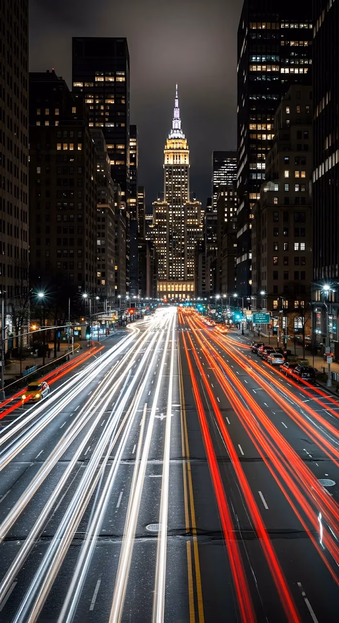 Download Midtown Manhattan Traffic Light Trails to Empire State Building Wallpaper in Mobile HD Midtown Manhattan Traffic Light Trails to Empire State Building - Free Mobile AMOLED Wallpaper Background
