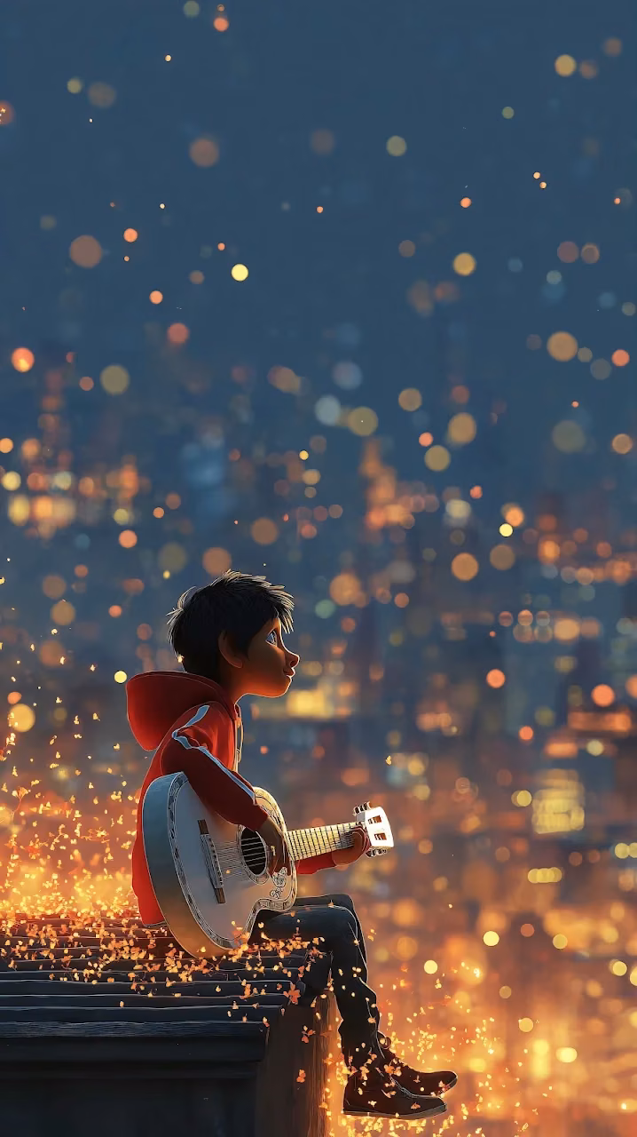 Download Miguel Coco Guitar Rooftop Night 4K Wallpaper in Mobile HD Miguel from Coco playing a white guitar on a rooftop with glowing golden particles over a city at night.