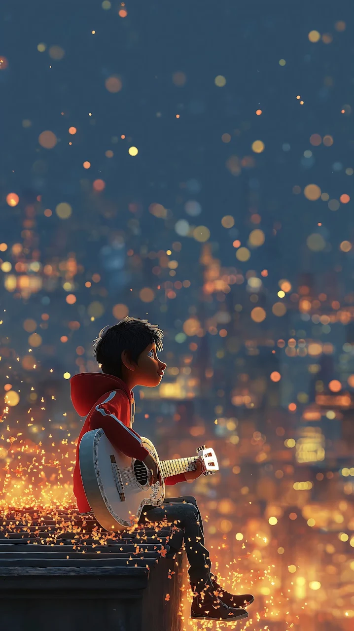 Miguel from Coco playing a white guitar on a rooftop with glowing golden particles over a city at night.