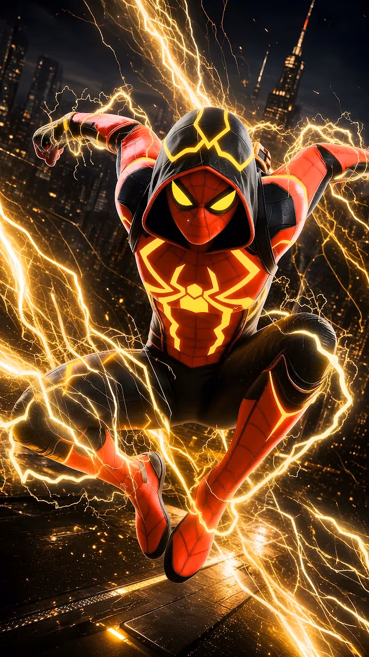 Download Miles Morales Bioelectricity Rooftop Leap 4K Wallpaper in Mobile HD Spider-Man wearing a red and black hooded suit surrounded by crackling yellow lightning above a city.