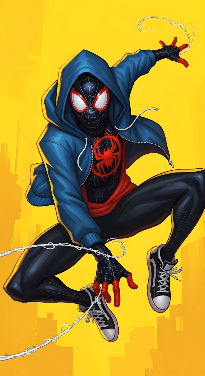 Miles Morales Spider Man Blue Hoodie Yellow Cityscape Art - Free Mobile AMOLED Wallpaper Background
