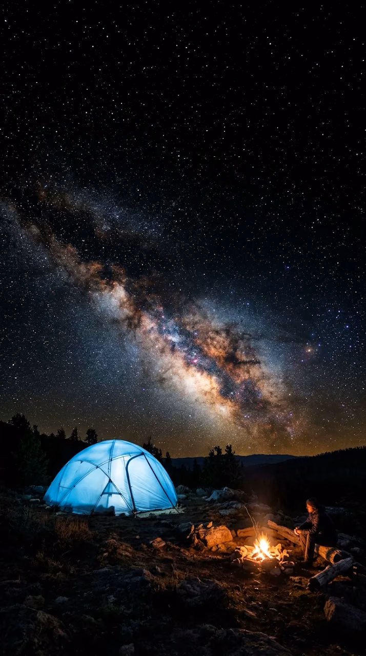 Milky Way Galaxy Camping Blue Glowing Tent Night Wallpaper - Free Mobile AMOLED Wallpaper Background