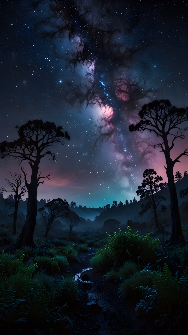 Milky Way Galaxy Over Dark Forest Clearing and Stream - Free Mobile AMOLED Wallpaper Background