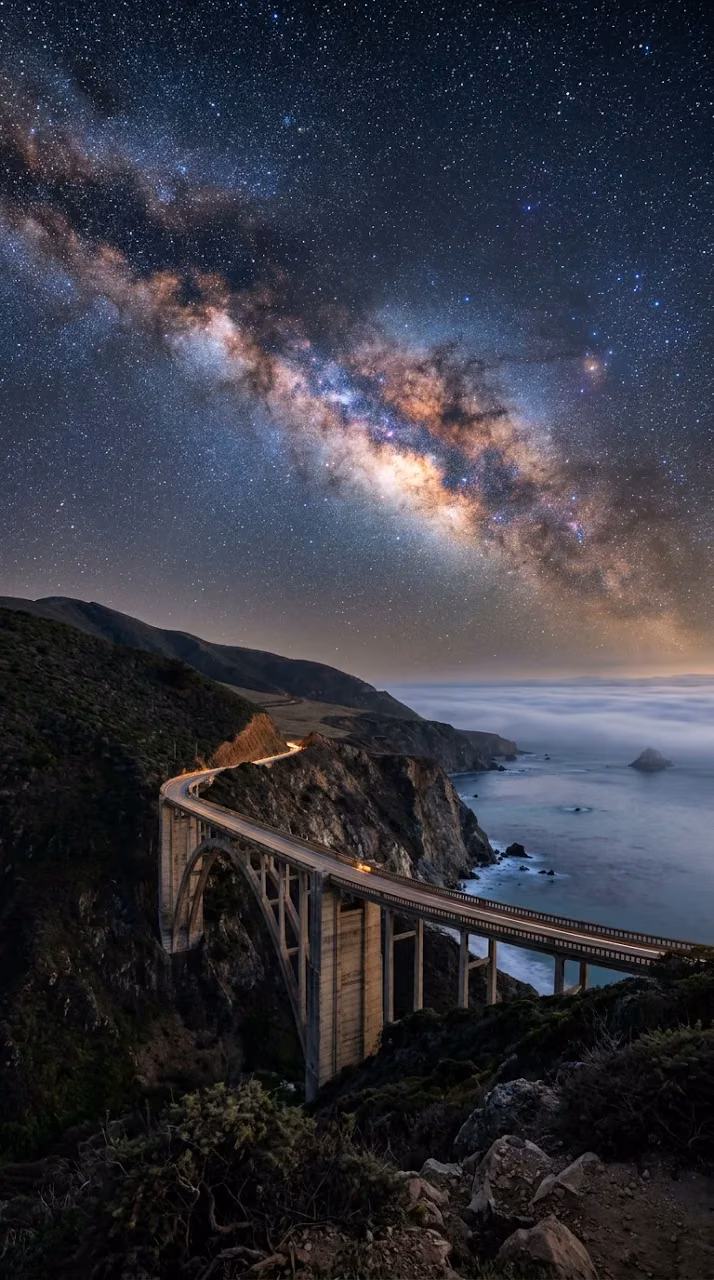 Download Milky Way Galaxy Over Historic Coastal Arch Bridge At Night Wallpaper in Mobile HD Milky Way Galaxy Over Historic Coastal Arch Bridge At Night - Free Mobile AMOLED Wallpaper Background