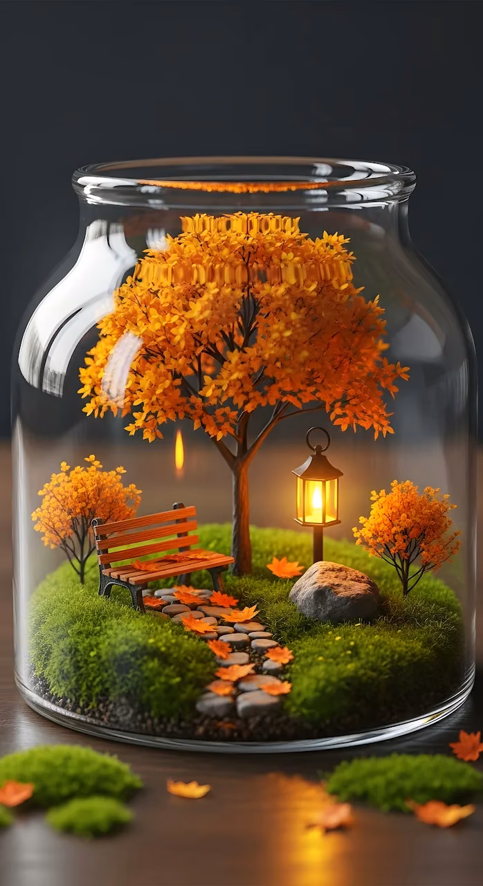 Miniature Autumn Terrarium Glowing Lantern Fall Scene - Free Mobile AMOLED Wallpaper Background