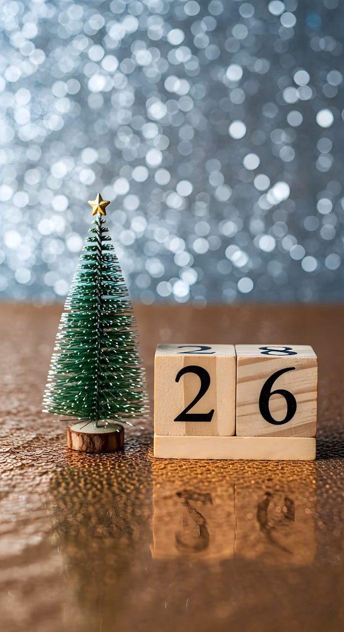 Miniature Christmas Tree and Wooden Calendar on Glitter Surface - Free Mobile AMOLED Wallpaper Background