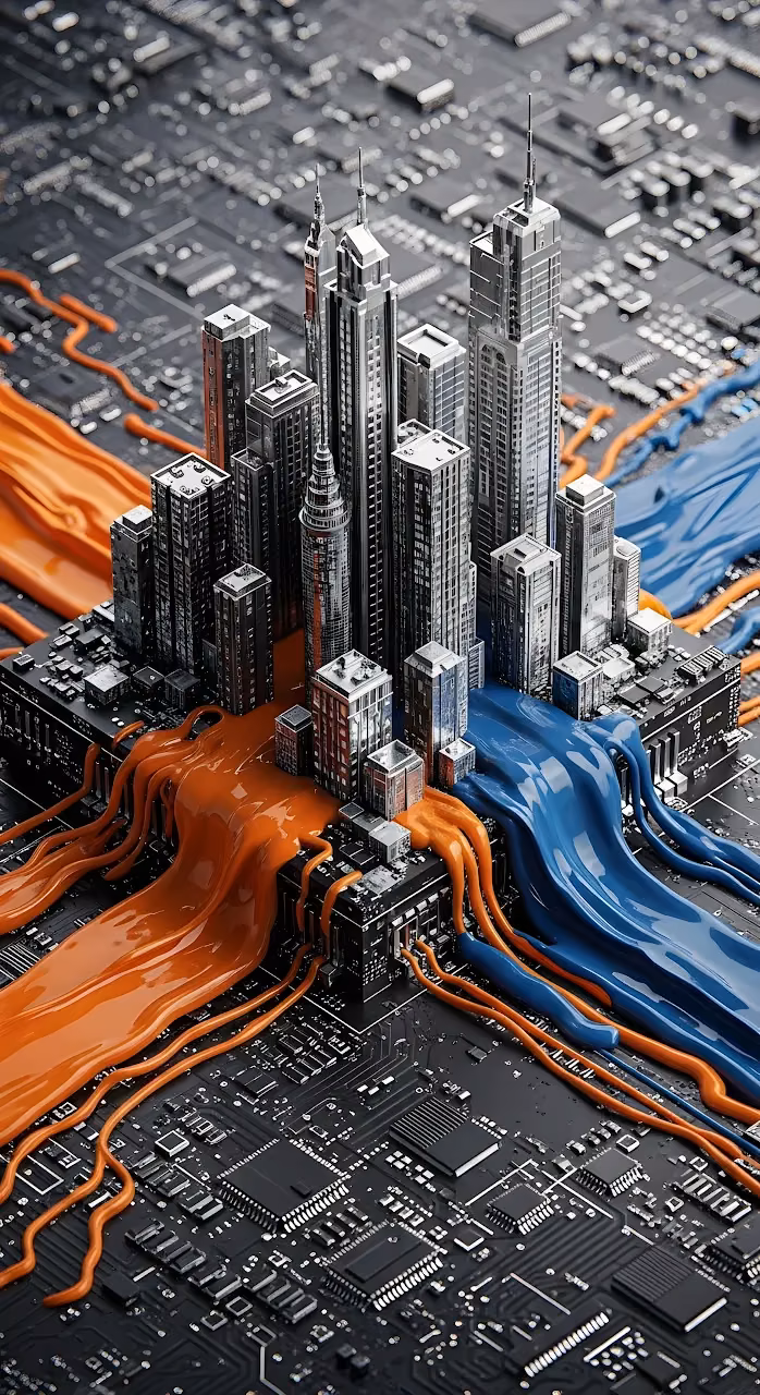 Download Miniature City Skyscrapers Circuit Board Orange Blue Flow Wallpaper in Mobile HD Miniature City Skyscrapers Circuit Board Orange Blue Flow - Free Mobile AMOLED Wallpaper Background