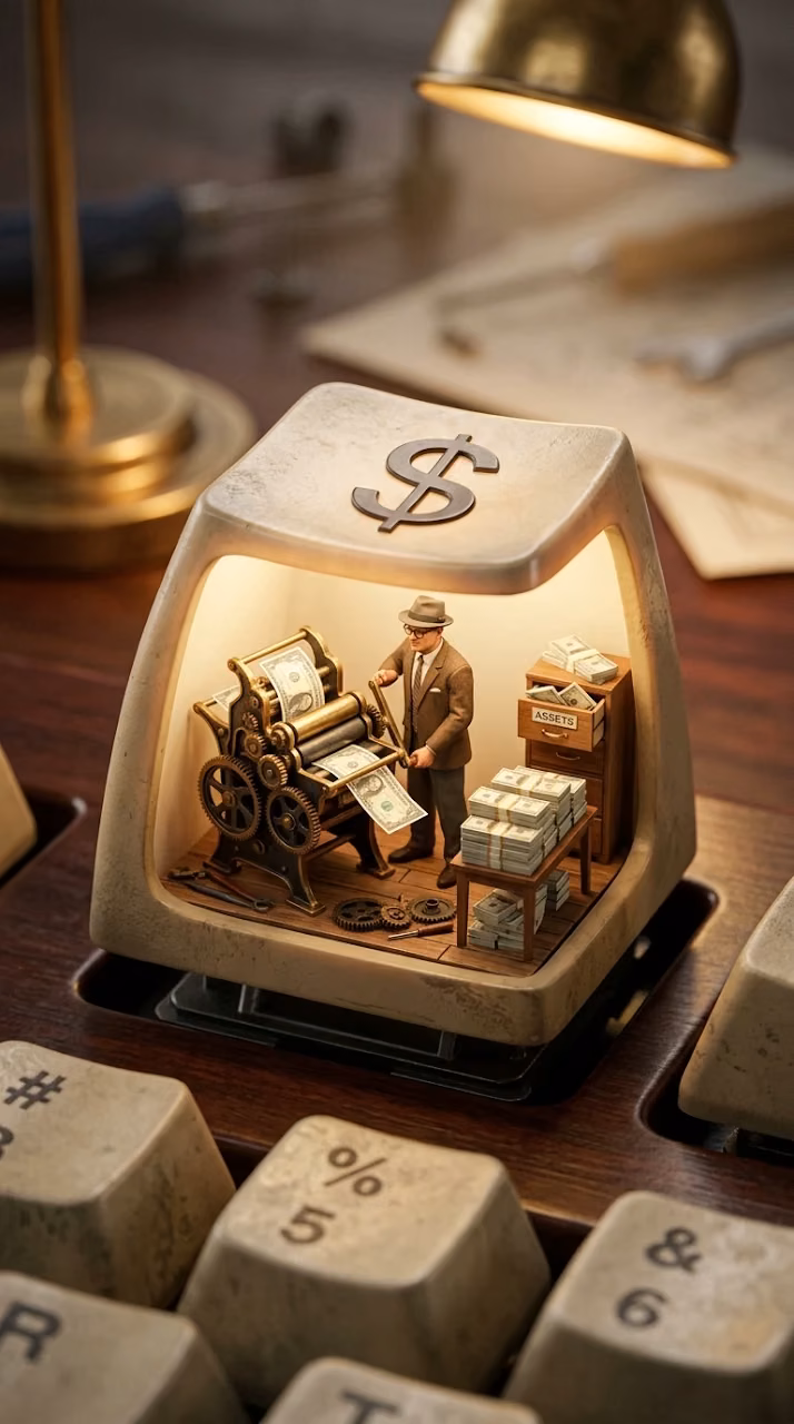 Miniature Diorama of a Financial Clerk inside a Dollar Symbol Keycap - Free Mobile AMOLED Wallpaper Background