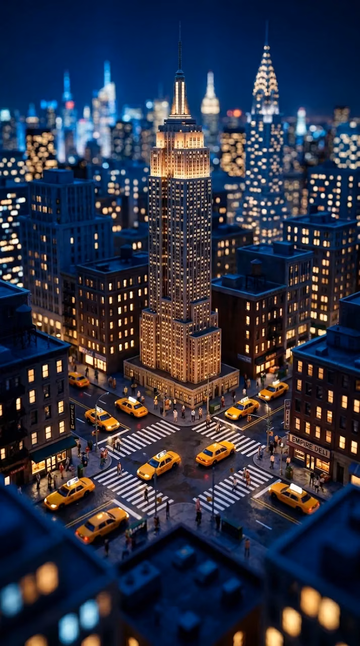Miniature Diorama of New York City Street at Night - Free Mobile AMOLED Wallpaper Background