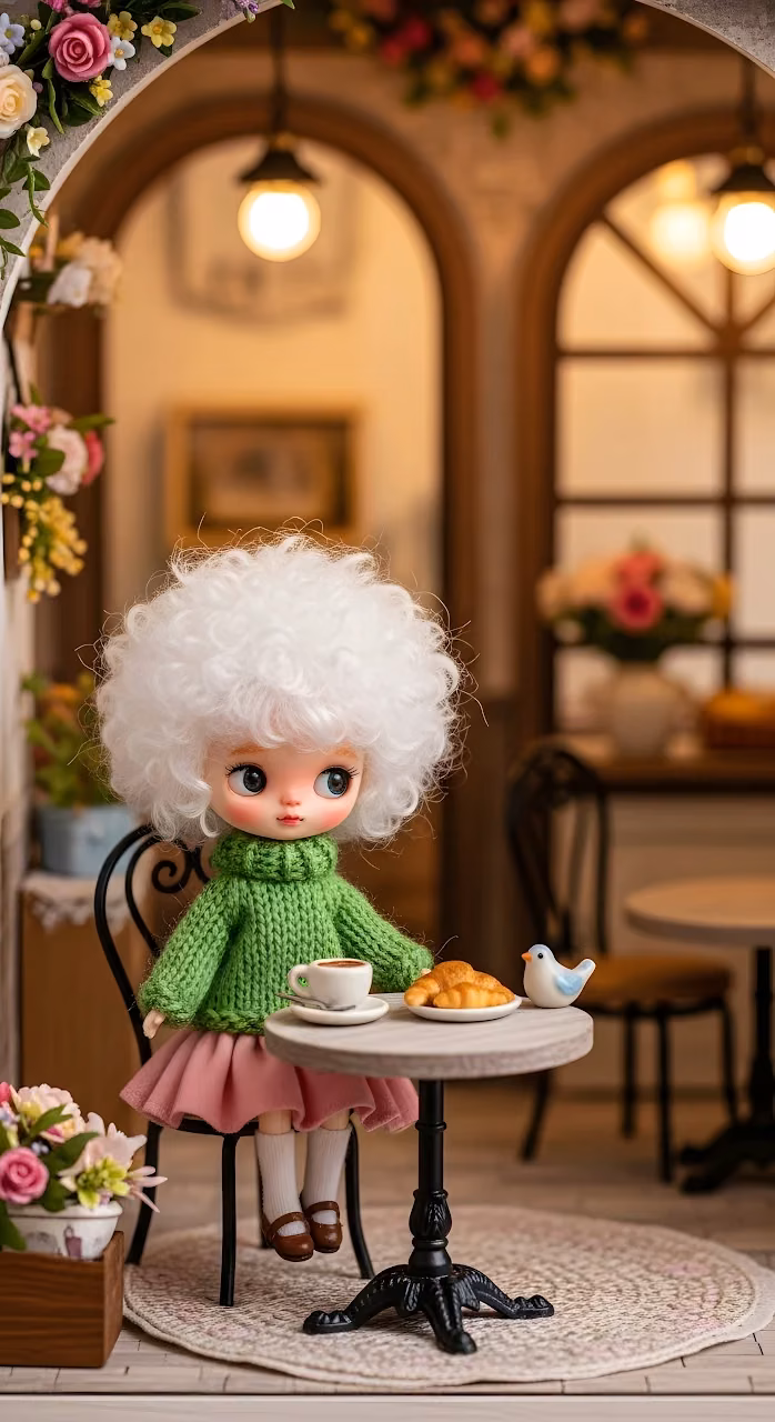 Miniature Doll Enjoying Coffee and Croissants in a Cafe - Free Mobile AMOLED Wallpaper Background