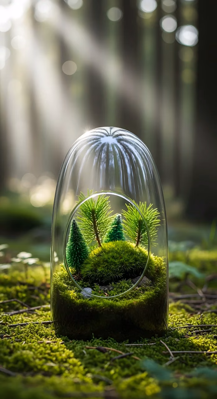 Miniature Forest Terrarium Cloche in Sunlit Woods - Free Mobile AMOLED Wallpaper Background