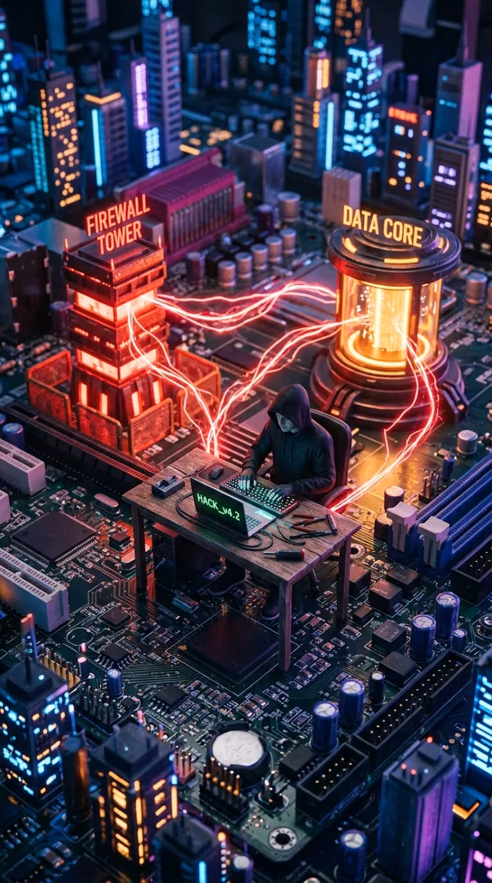 Miniature Hacker Figure Working on a Motherboard City with Red Data Streams - Free Mobile AMOLED Wallpaper Background