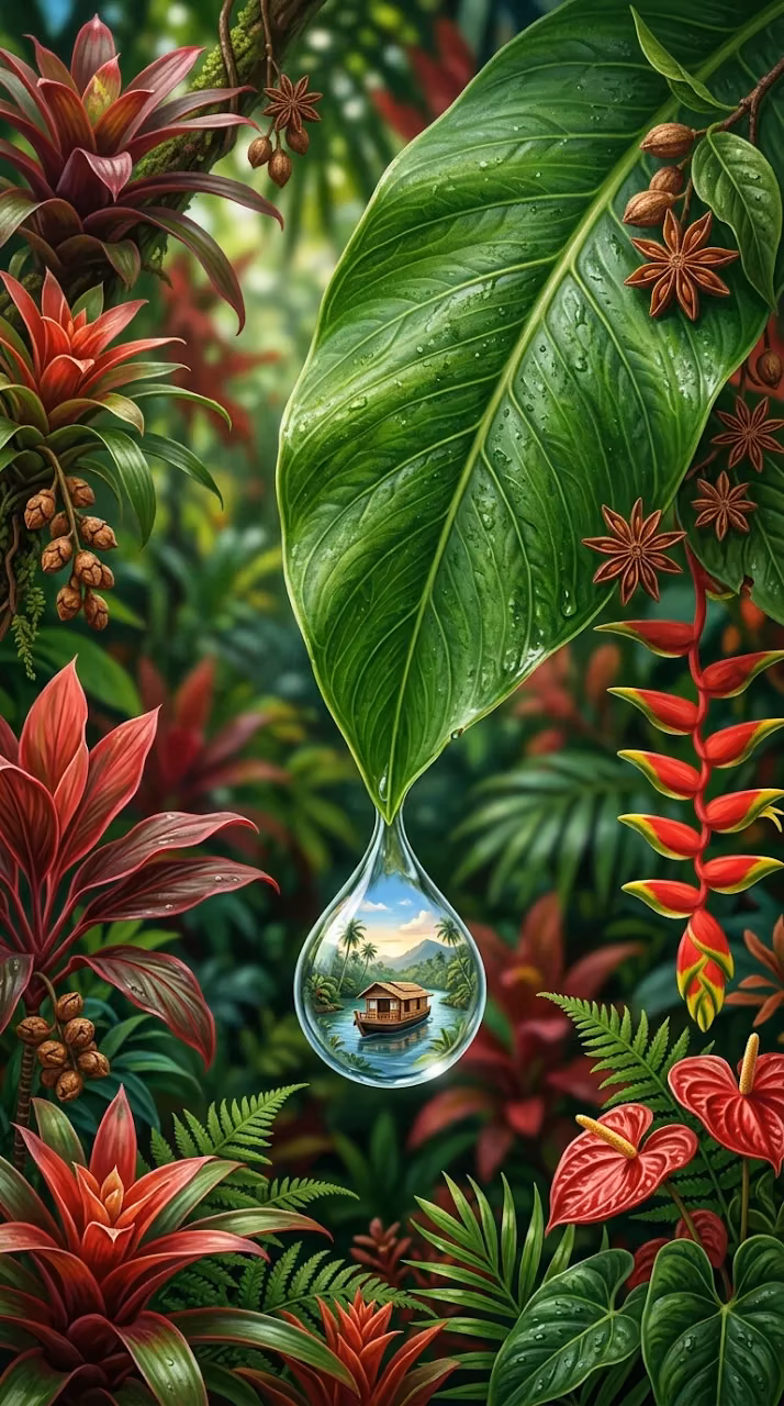 Miniature Houseboat Reflected in a Water Drop on a Large Leaf - Free Mobile AMOLED Wallpaper Background