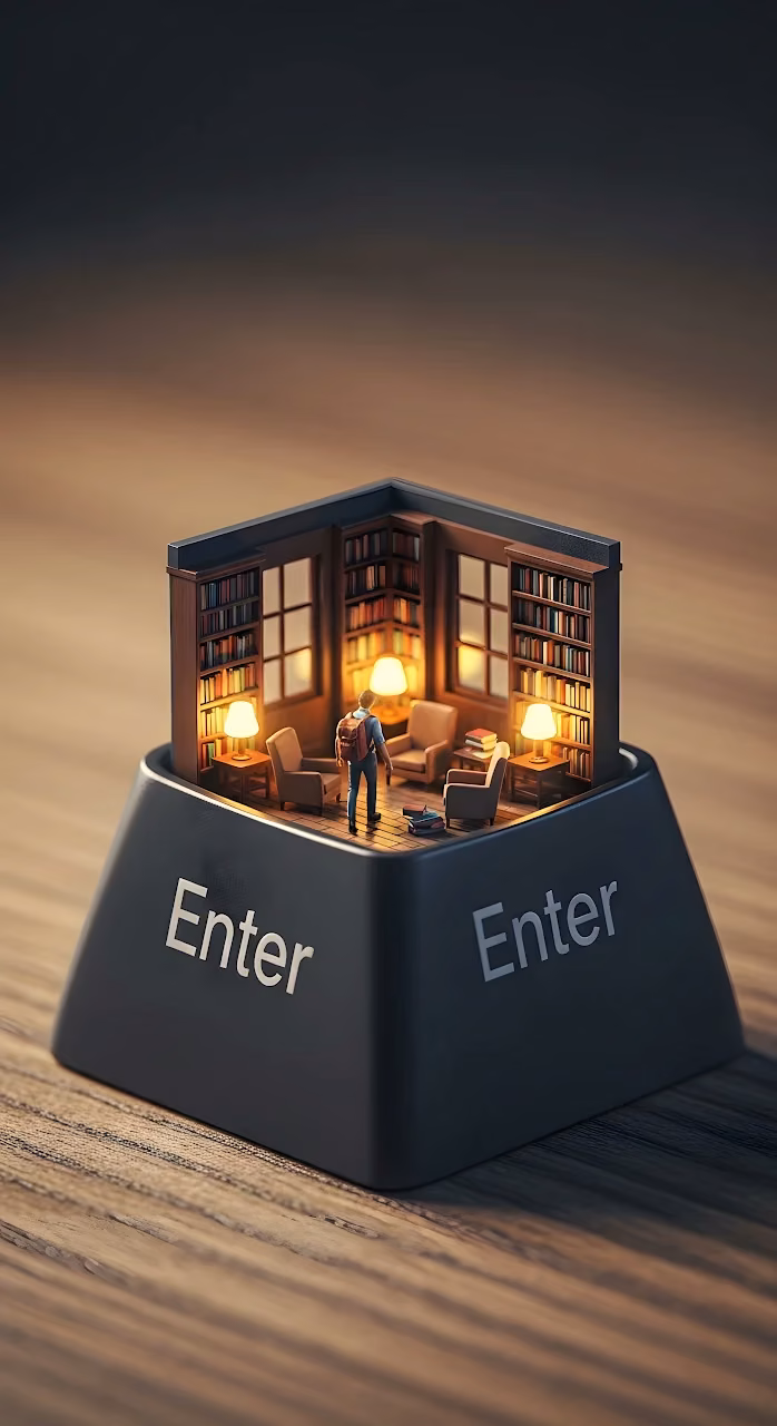 Miniature Library Inside an Enter Keycap - Free Mobile AMOLED Wallpaper Background