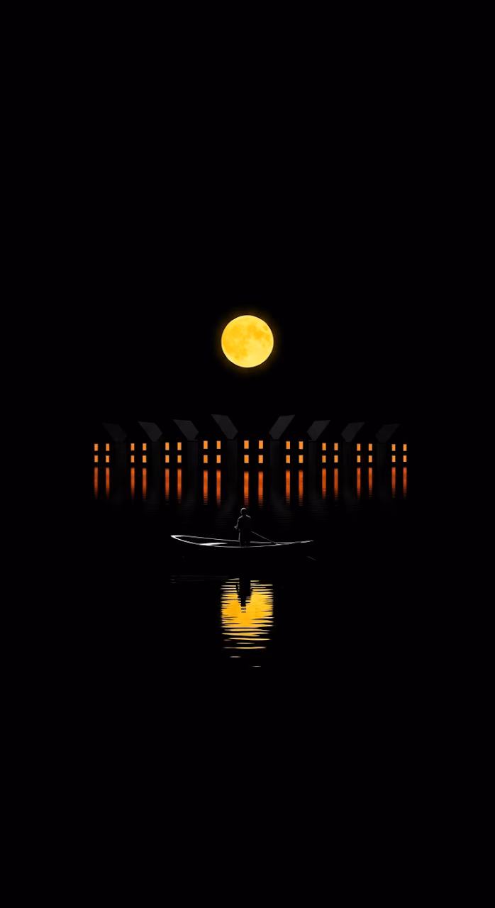 Minimal Dark Night Village Reflection Digital Art - Free Mobile AMOLED Wallpaper Background