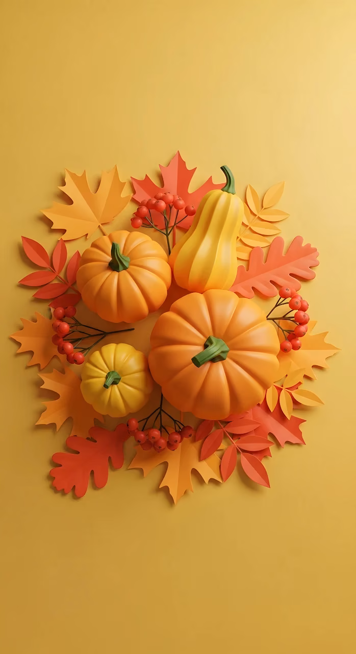 Minimalist 3D Pumpkins and Autumn Leaves Arrangement - Free Mobile AMOLED Wallpaper Background
