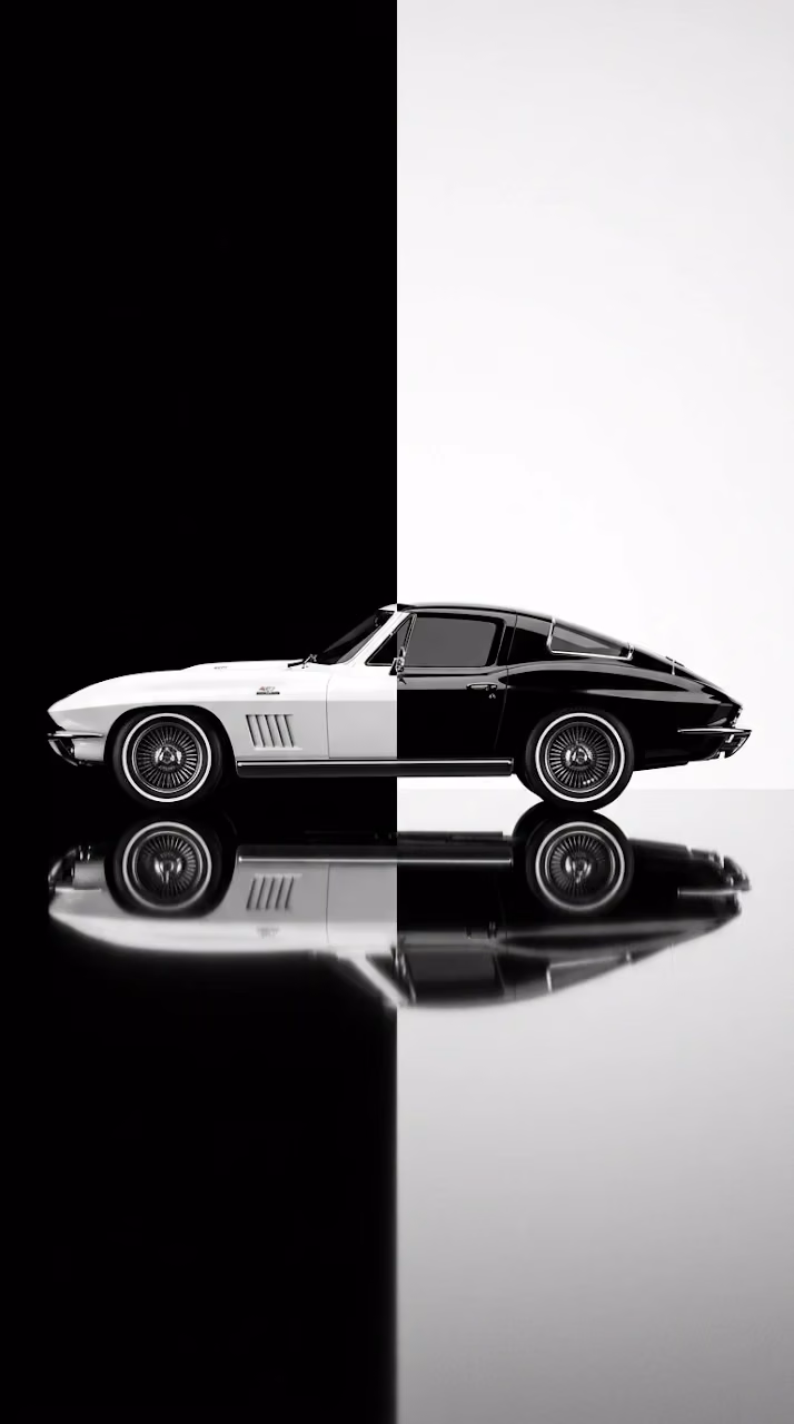 Download Minimalist 3D Render of a Classic Sportscar on a Split Black and White Background Wallpaper in Mobile HD Minimalist 3D Render of a Classic Sportscar on a Split Black and White Background - Free Mobile AMOLED Wallpaper Background