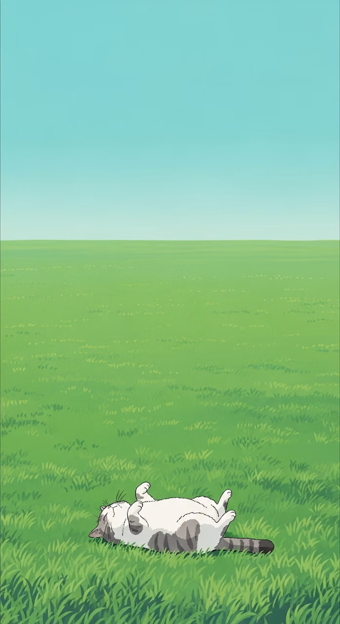 Minimalist Anime Style Illustration of a Cat Napping Peacefully in a Green Field - Free Mobile AMOLED Wallpaper Background