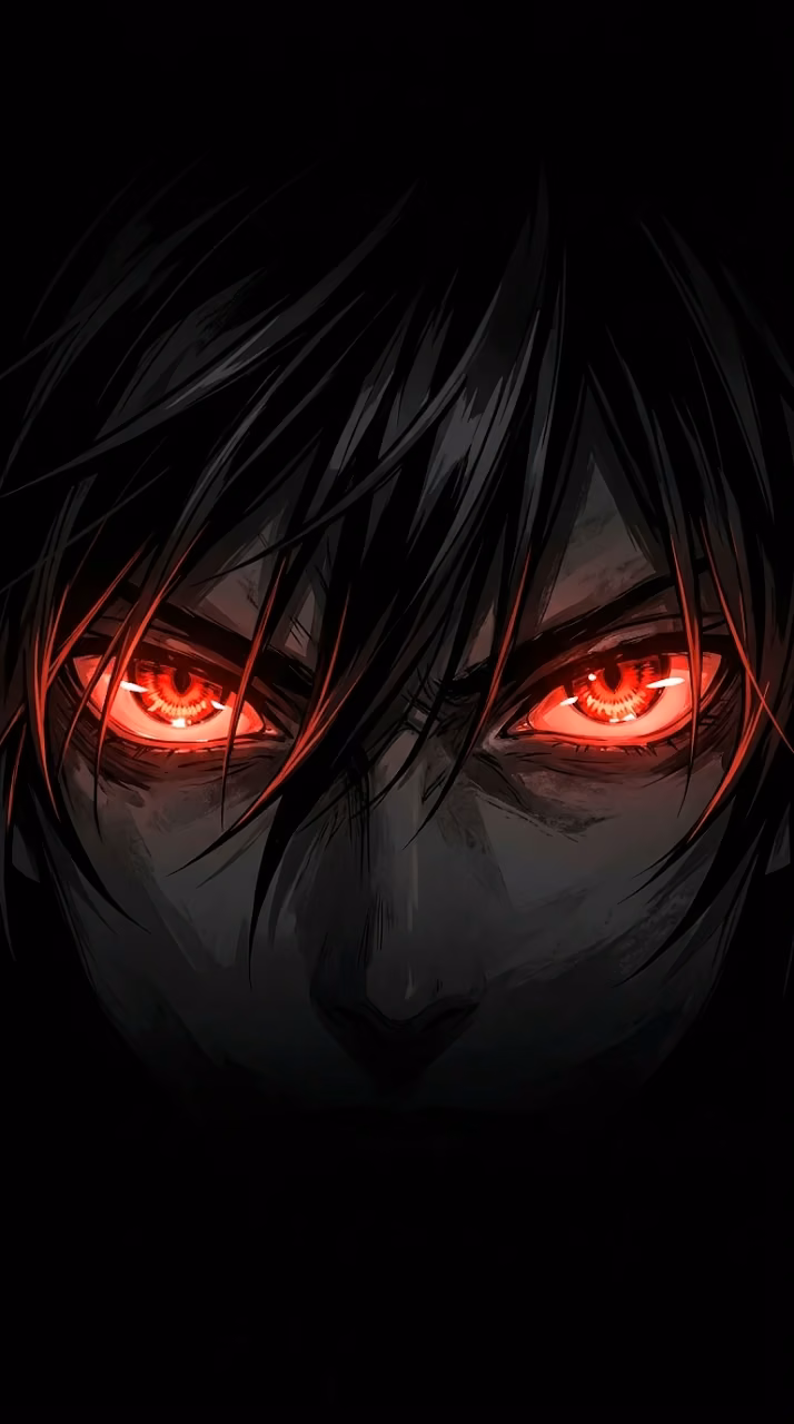 Minimalist Anime Style Dark Portrait with Glowing Red Eyes - Free Mobile AMOLED Wallpaper Background