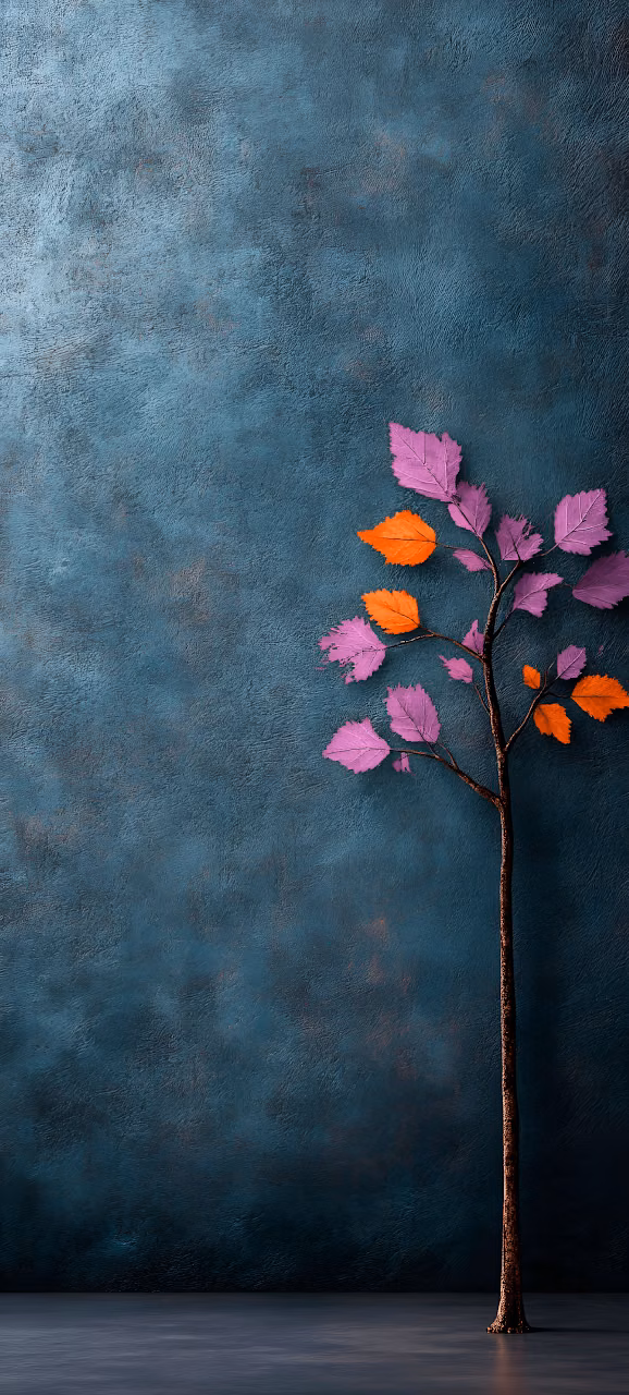 Minimalist Autumn Tree Teal Textured Wall Vibrant Leaves - Free Mobile AMOLED Wallpaper Background