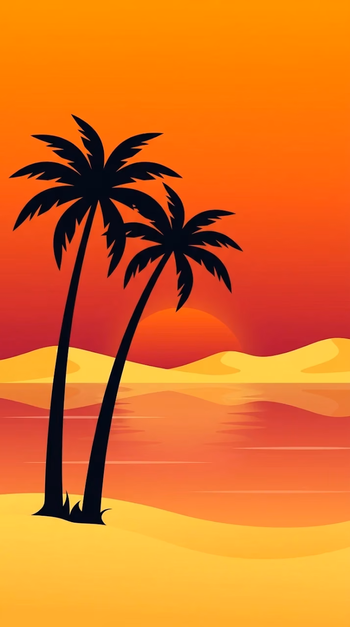 Minimalist Beach Sunset with Abstract Dunes and Palm Tree Silhouettes - Free Mobile AMOLED Wallpaper Background