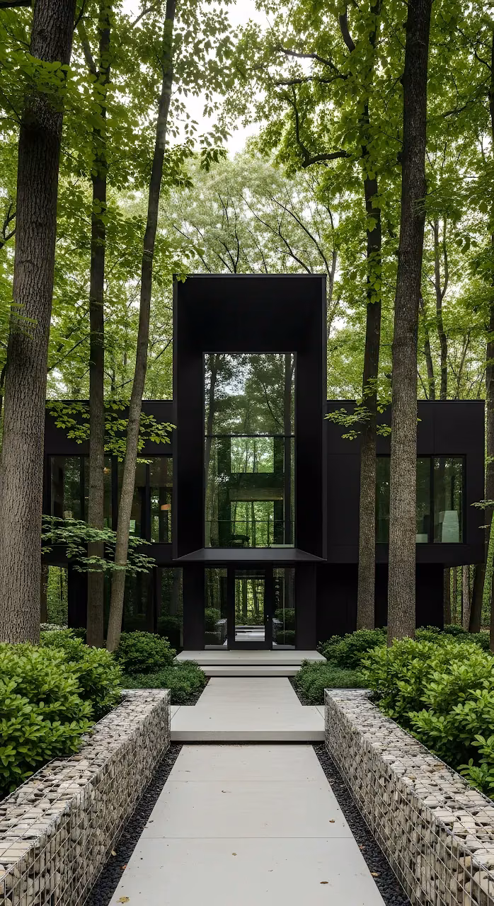 Download Minimalist Black Forest House Architecture Surrounded by Green Trees Wallpaper in Mobile HD Minimalist Black Forest House Architecture Surrounded by Green Trees - Free Mobile AMOLED Wallpaper Background