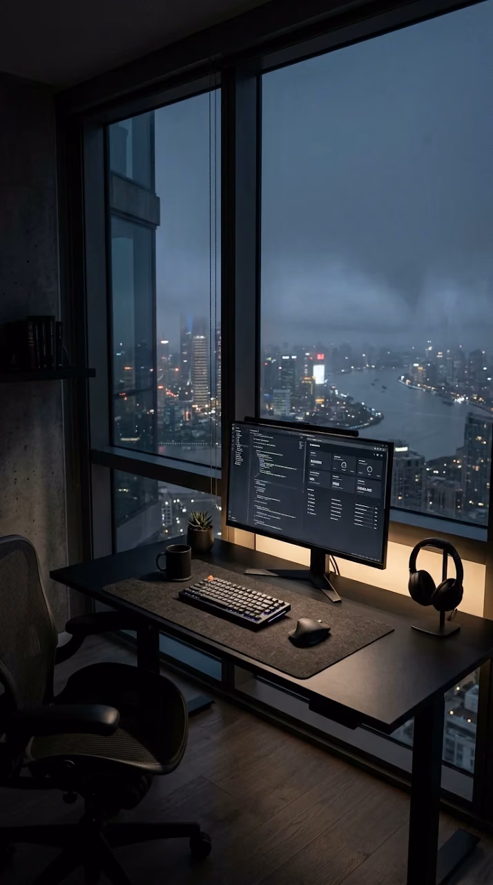 Download Minimalist Black Workspace Penthouse Fog View Wallpaper Wallpaper in Mobile HD Minimalist Black Workspace Penthouse Fog View Wallpaper - Free Mobile AMOLED Wallpaper Background