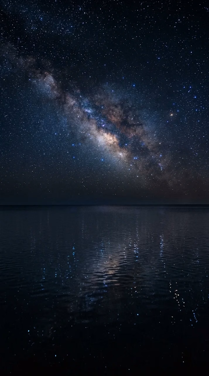 Minimalist Calm Ocean Under Dense Starry Night Sky - Free Mobile AMOLED Wallpaper Background