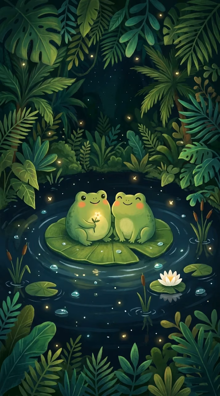 Minimalist Cartoon of Two Frogs Sitting on a Lilypad in a Dark Pond - Free Mobile AMOLED Wallpaper Background