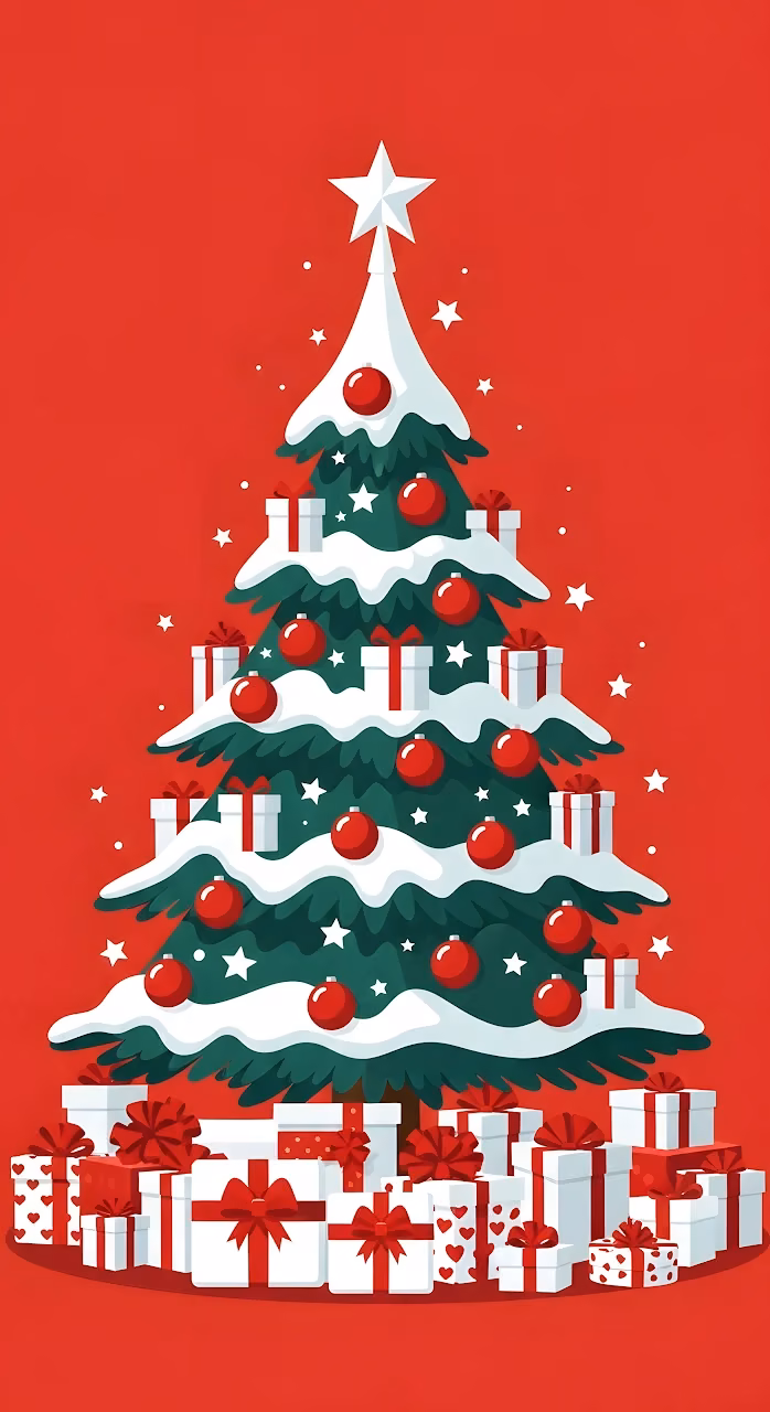 Minimalist Christmas Tree Illustration with Snow and Red Gifts - Free Mobile AMOLED Wallpaper Background
