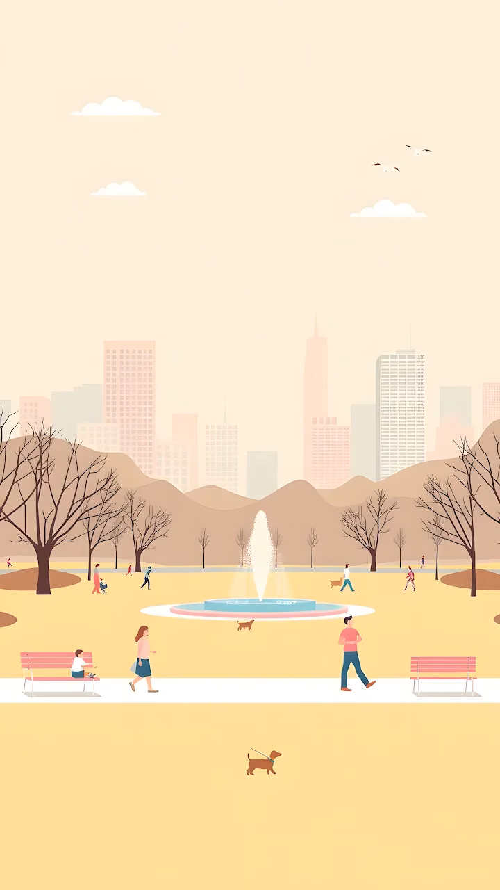 Download Minimalist City Park Illustration with Fountain and Skyline Wallpaper in Mobile HD Minimalist City Park Illustration with Fountain and Skyline - Free Mobile AMOLED Wallpaper Background