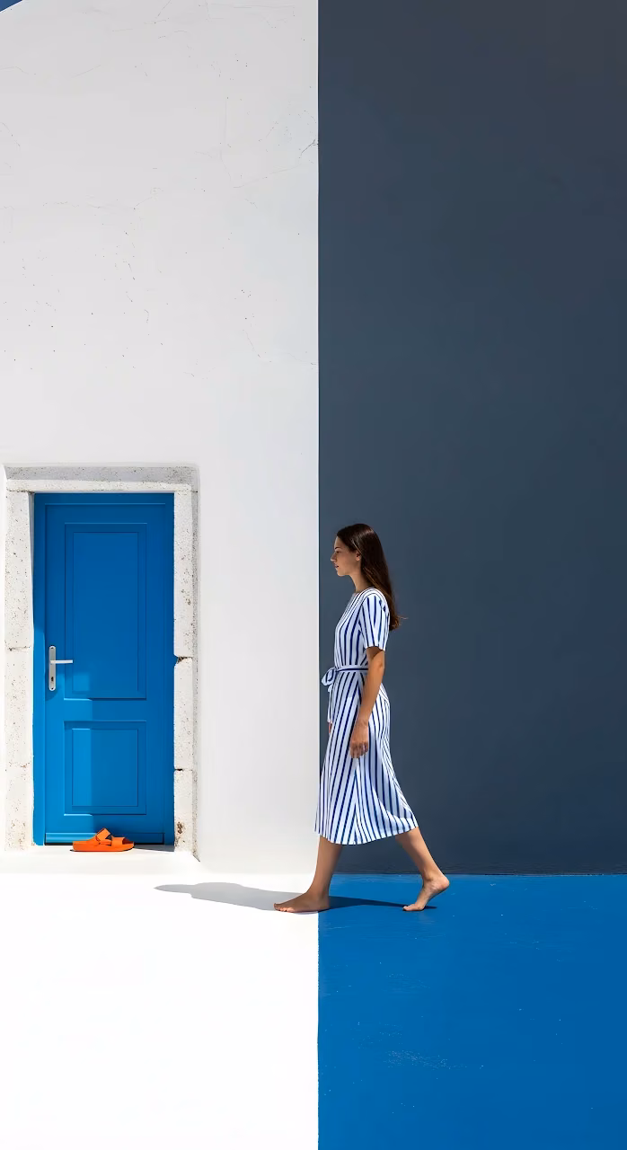 Download Minimalist Color Block Woman Walking Blue Door Wallpaper in Mobile HD Minimalist Color Block Woman Walking Blue Door - Free Mobile AMOLED Wallpaper Background
