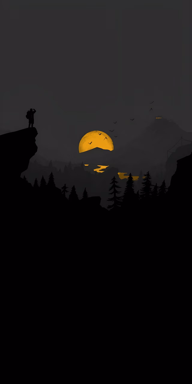 Download Minimalist Dark Forest Hiker Silhouette Yellow Moon Landscape Art Wallpaper in Mobile HD Minimalist Dark Forest Hiker Silhouette Yellow Moon Landscape Art - Free Mobile AMOLED Wallpaper Background
