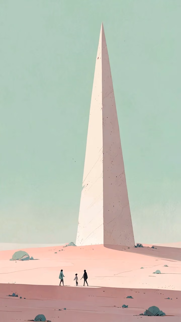Minimalist Desert Landscape with Tall Pale Obelisk Structure - Free Mobile AMOLED Wallpaper Background