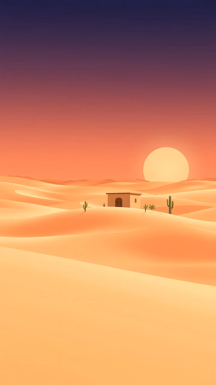 Minimalist Desert Landscape with Adobe House and Sunset - Free Mobile AMOLED Wallpaper Background