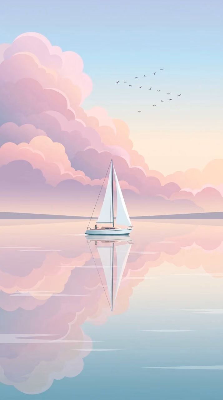 Download Minimalist Digital Illustration of a Sailboat at Sunset with Pink Clouds Wallpaper in Mobile HD Minimalist Digital Illustration of a Sailboat at Sunset with Pink Clouds - Free Mobile AMOLED Wallpaper Background