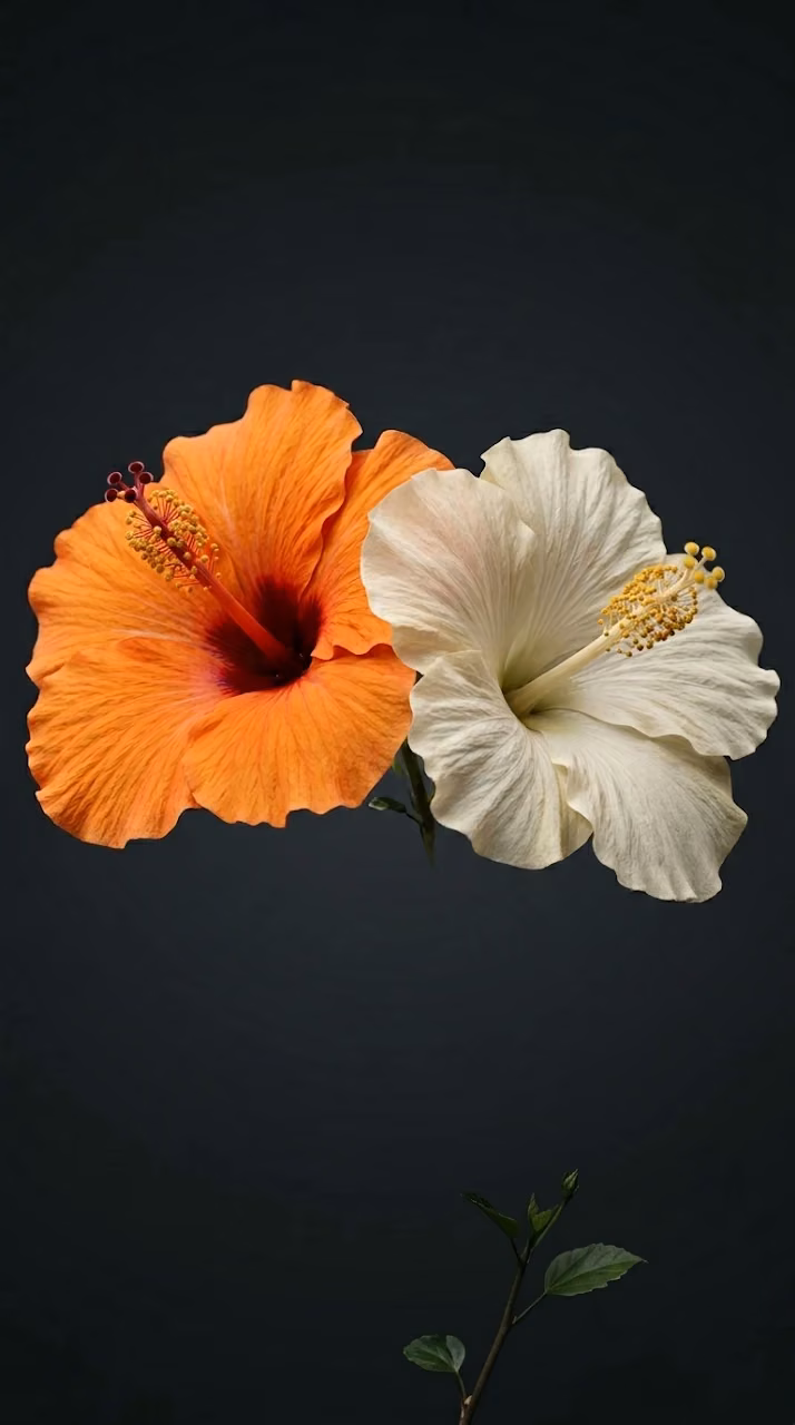 Download Minimalist Digital Render of Orange and White Hibiscus Flowers Wallpaper in Mobile HD Minimalist Digital Render of Orange and White Hibiscus Flowers - Free Mobile AMOLED Wallpaper Background