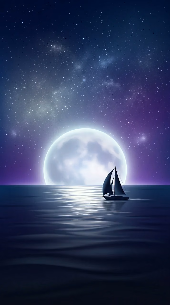 Minimalist Dreamlike Ocean with Colossal Moon and Sailboat - Free Mobile AMOLED Wallpaper Background