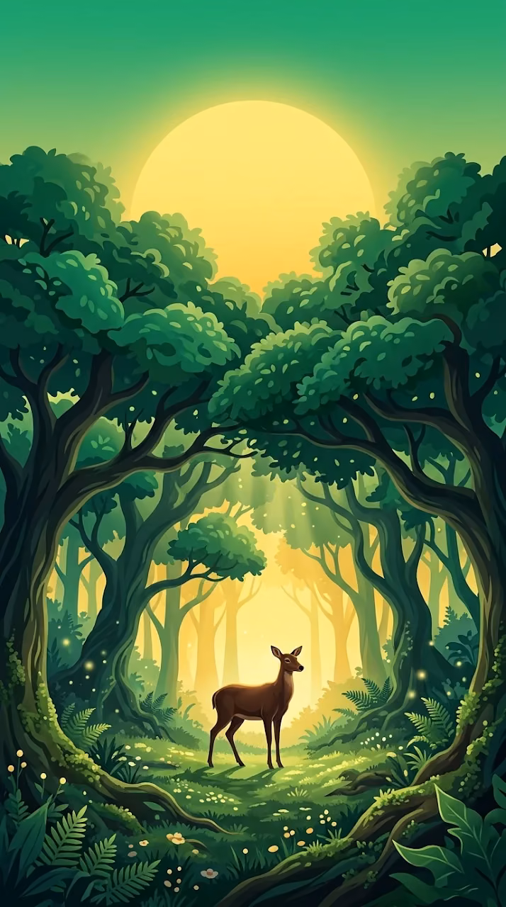 Minimalist Enchanted Forest with Colossal Sun and Deer Silhouette - Free Mobile AMOLED Wallpaper Background