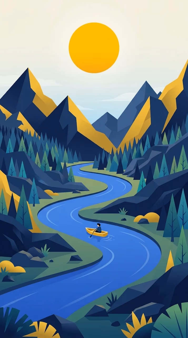 Minimalist Flat Design Landscape with River and Rowboat - Free Mobile AMOLED Wallpaper Background